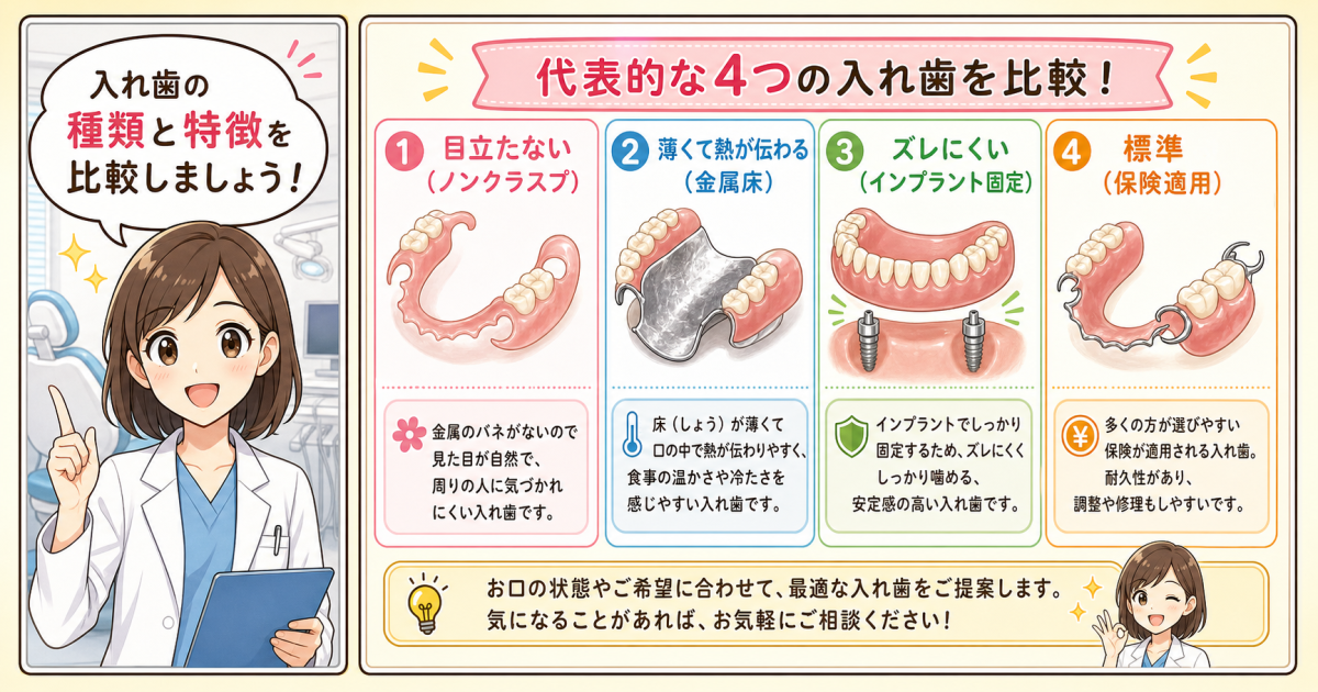 【素材・費用別】部分入れ歯・総入れ歯の代表的な種類と特徴一覧