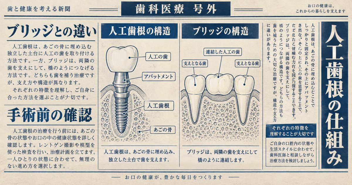 手術が心配な方へ｜インプラントの人工歯根の仕組みとブリッジの違い