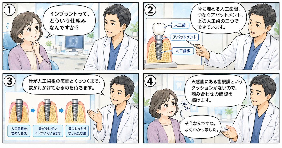 インプラントの人工歯根は、どのように人工歯を支える？